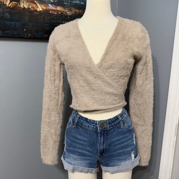 Forever 21 Cropped Sweater-Knit Wrap Top, Beige, L - Picture 1 of 6